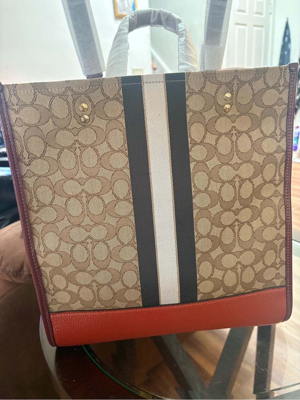 Coach women  Signature Canvas Tote with Orange Patch and Brown Trim - Picture 6 of 9